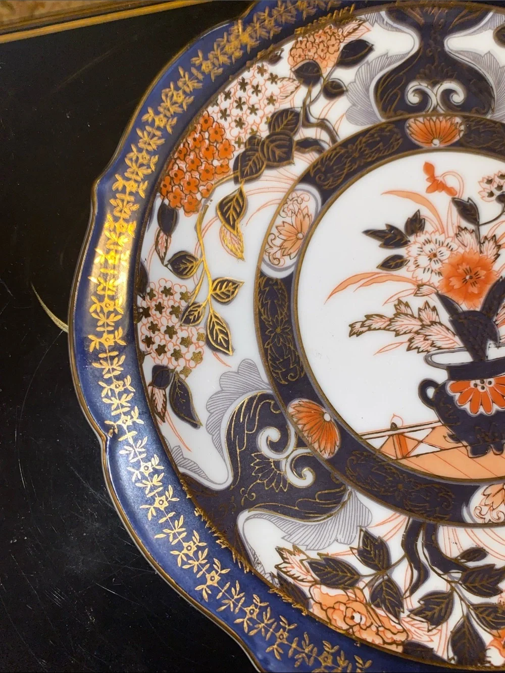 Vintage Decorative Porcelain Accent Plate in Navy, Orange, Gold - Floral Pattern